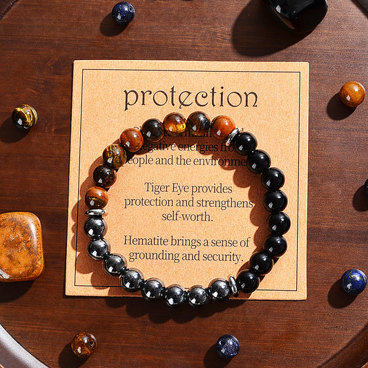 2PCS/set Triple Protection Bracelet and Tiger Eye Stone Necklace: Tiger Eye, Obsidian, and Hematite 8mm Round Bead Protection Crystal Suitable for Men and Women
