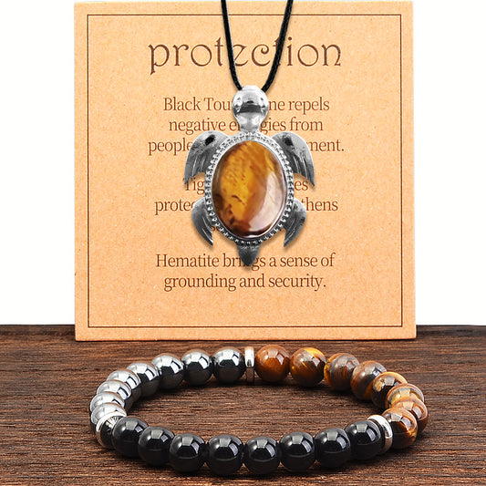 2PCS/set Triple Protection Bracelet and Tiger Eye Stone Necklace: Tiger Eye, Obsidian, and Hematite 8mm Round Bead Protection Crystal Suitable for Men and Women