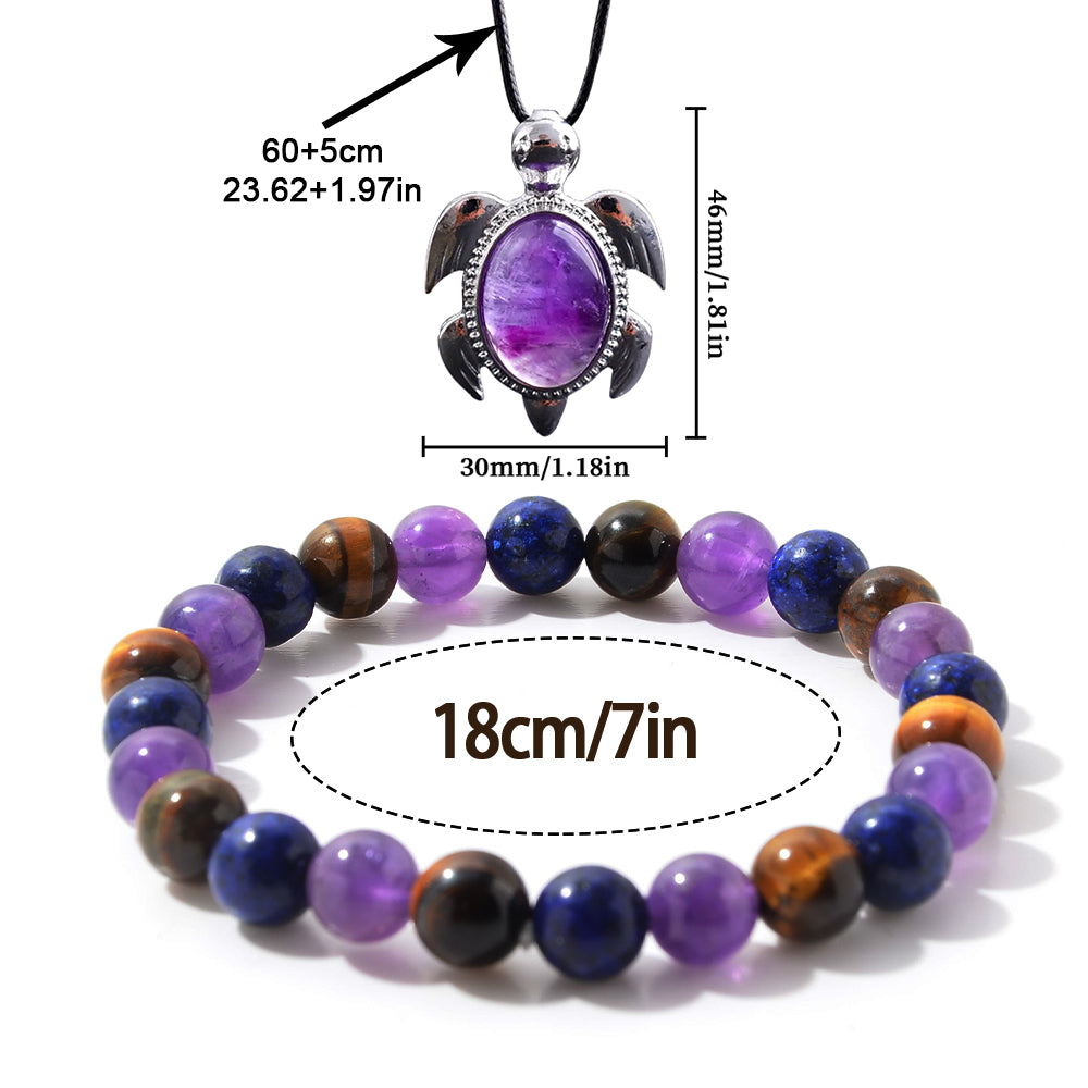 2PCS/set Natural Amethyst Beaded Bracelet and Pendant Crystal Jewellery, Lapis Gold and Crystal Gemstone Stretch Bracelet Anxiety Bracelet for Men and Women