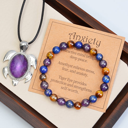 2PCS/set Natural Amethyst Beaded Bracelet and Pendant Crystal Jewellery, Lapis Gold and Crystal Gemstone Stretch Bracelet Anxiety Bracelet for Men and Women