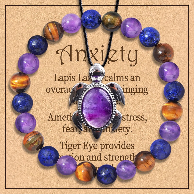 2PCS/set Natural Amethyst Beaded Bracelet and Pendant Crystal Jewellery, Lapis Gold and Crystal Gemstone Stretch Bracelet Anxiety Bracelet for Men and Women