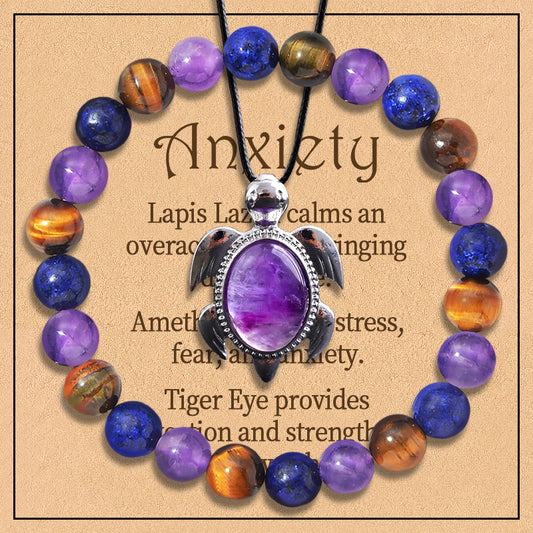 2PCS/set Natural Amethyst Beaded Bracelet and Pendant Crystal Jewellery, Lapis Gold and Crystal Gemstone Stretch Bracelet Anxiety Bracelet for Men and Women