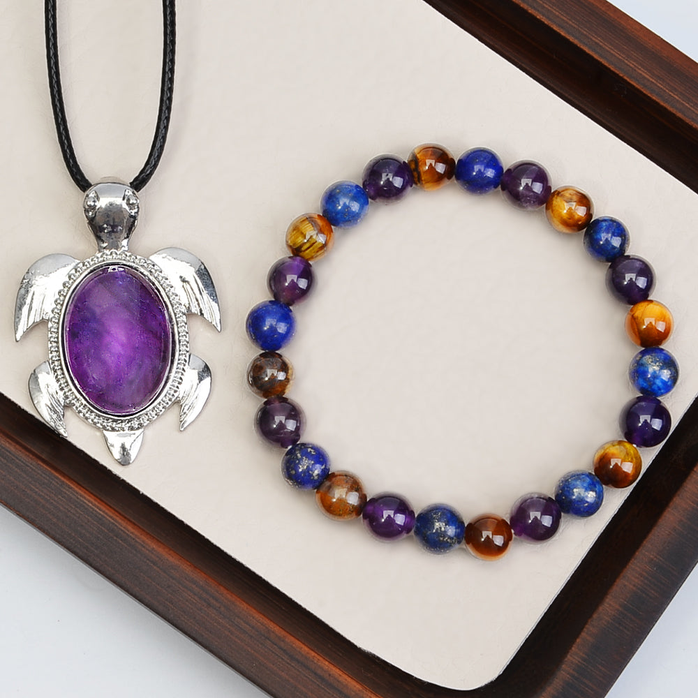 2PCS/set Natural Amethyst Beaded Bracelet and Pendant Crystal Jewellery, Lapis Gold and Crystal Gemstone Stretch Bracelet Anxiety Bracelet for Men and Women