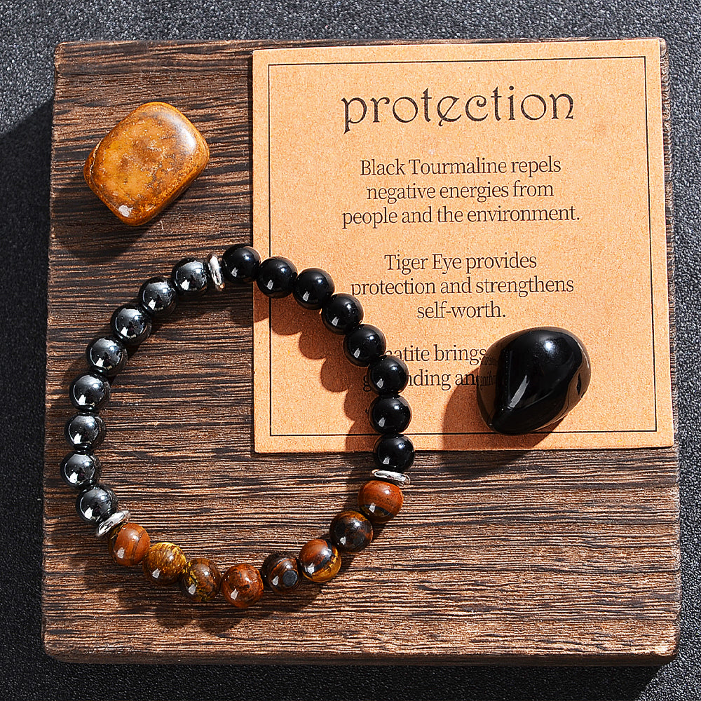 2PCS/set Triple Protection Bracelet and Tiger Eye Stone Necklace: Tiger Eye, Obsidian, and Hematite 8mm Round Bead Protection Crystal Suitable for Men and Women