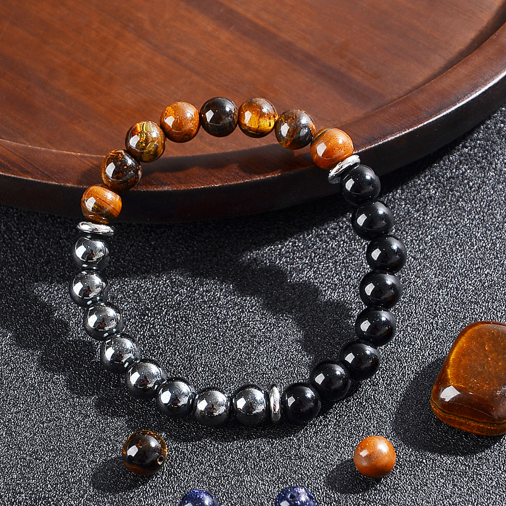 2PCS/set Triple Protection Bracelet and Tiger Eye Stone Necklace: Tiger Eye, Obsidian, and Hematite 8mm Round Bead Protection Crystal Suitable for Men and Women